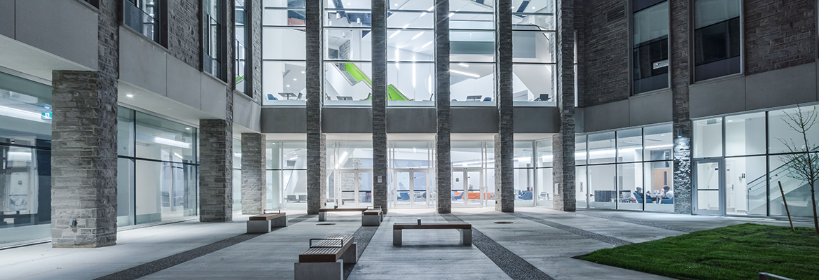 Nighttime image of the FNB external courtyard