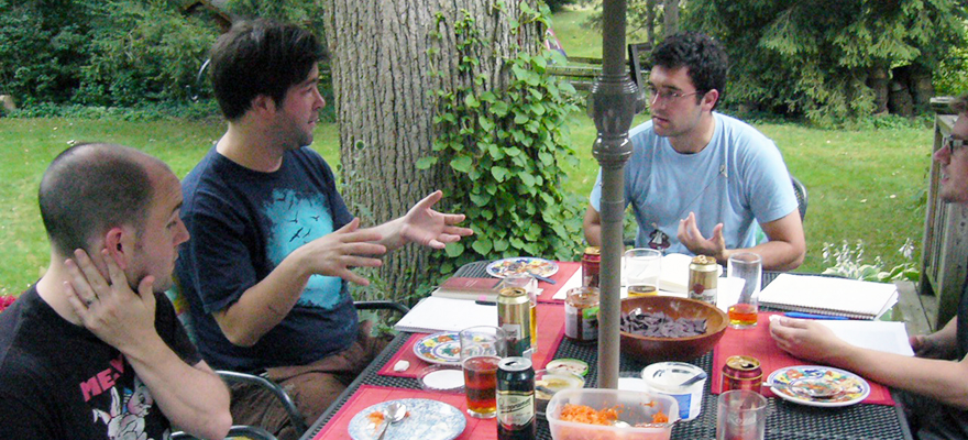 Vincent Manzerolle, Atle Kjøsen, and Henry Svec at a meeting of the media theory reading group on Bernd’s terrace, 2011. Bernie took the photo