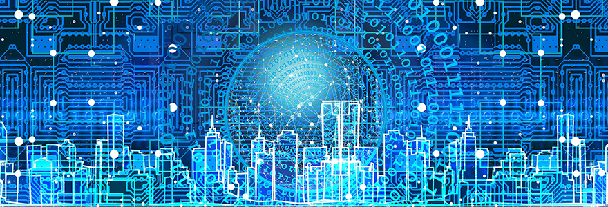 Illustrated graphic of a circuit board with the outline of a city skyline overlaid