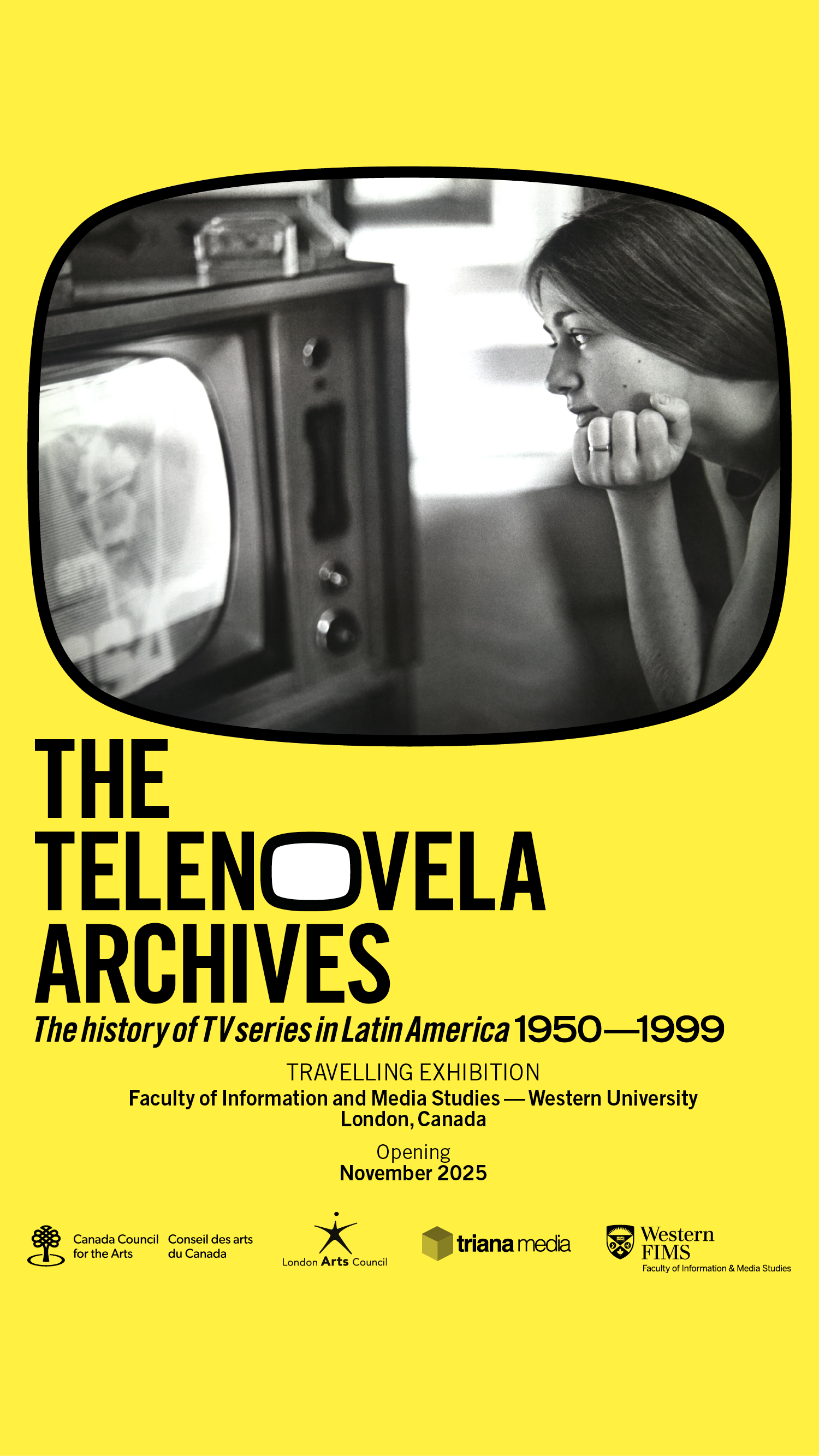 Poster for The Telenovela Archives exhibition featuring a woman watching a television.
