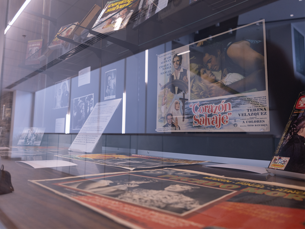 A photo of the interior of a display case featuring books of telenovelas